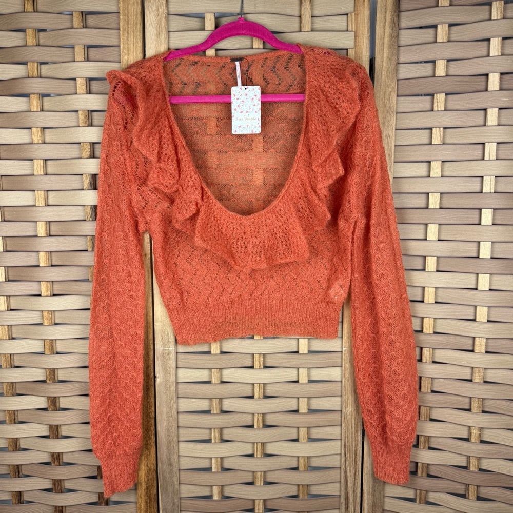 FREE PEOPLE Mohair and Wool Ruffled Balloon Sleeve Burnt Orange Sweater